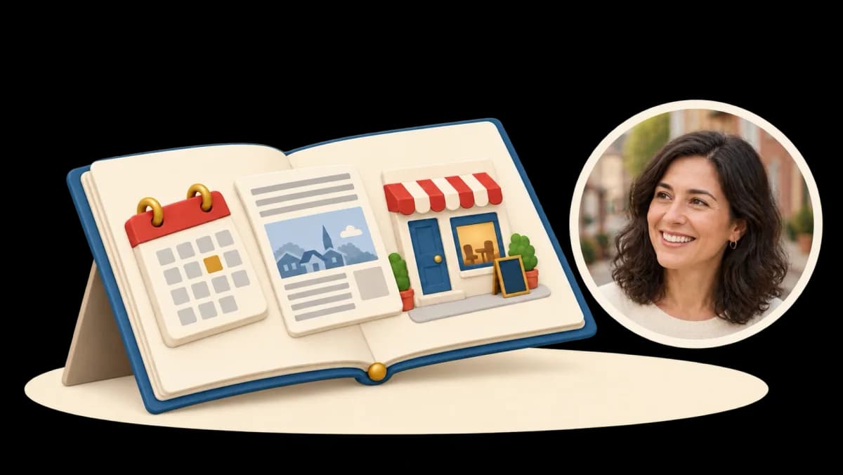 An open book with a calendar, local news and a storefront, and a woman smiling beside it
