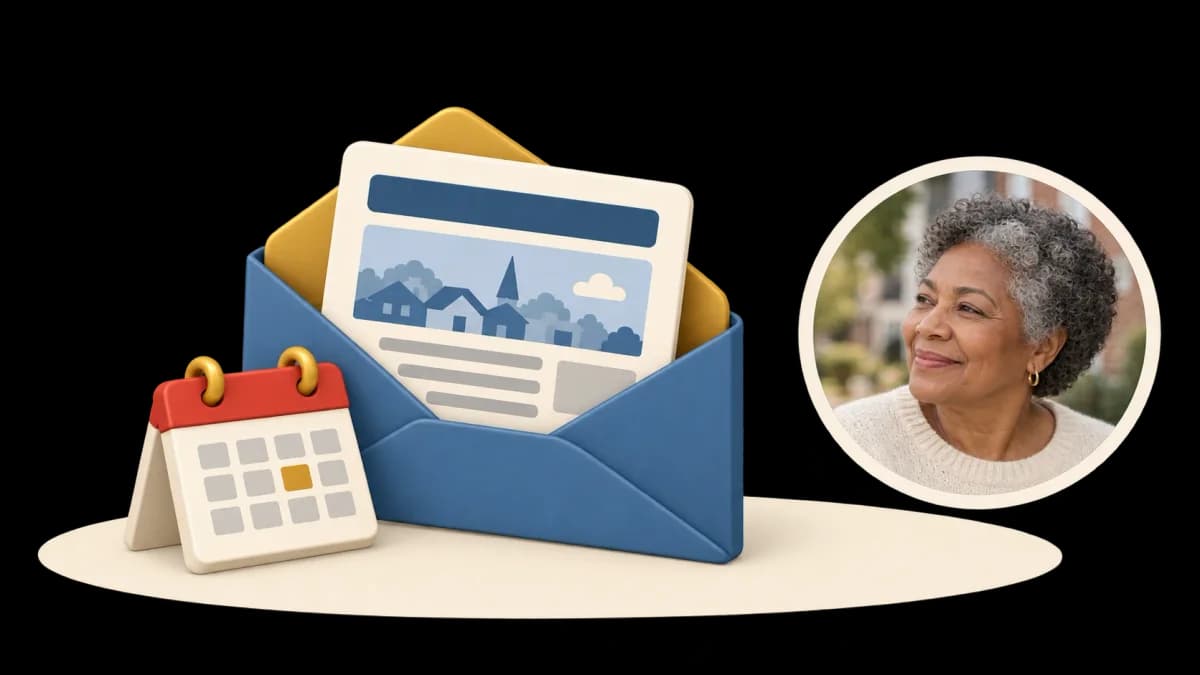 The weekly email in an open envelope with a calendar, and a woman smiling beside it