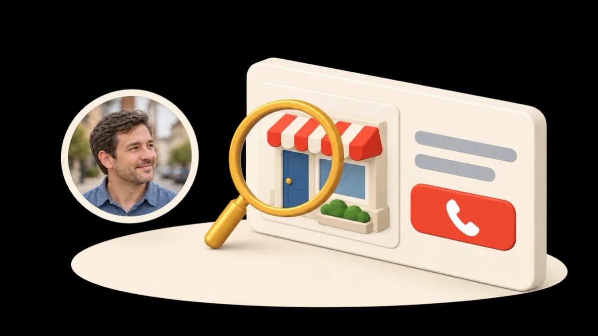 A magnifying glass over a storefront listing with a call button, and a man smiling beside it