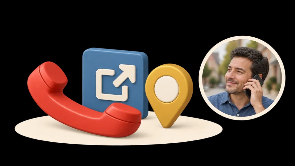 A phone handset, a link arrow and a map pin, and a man on the phone beside them