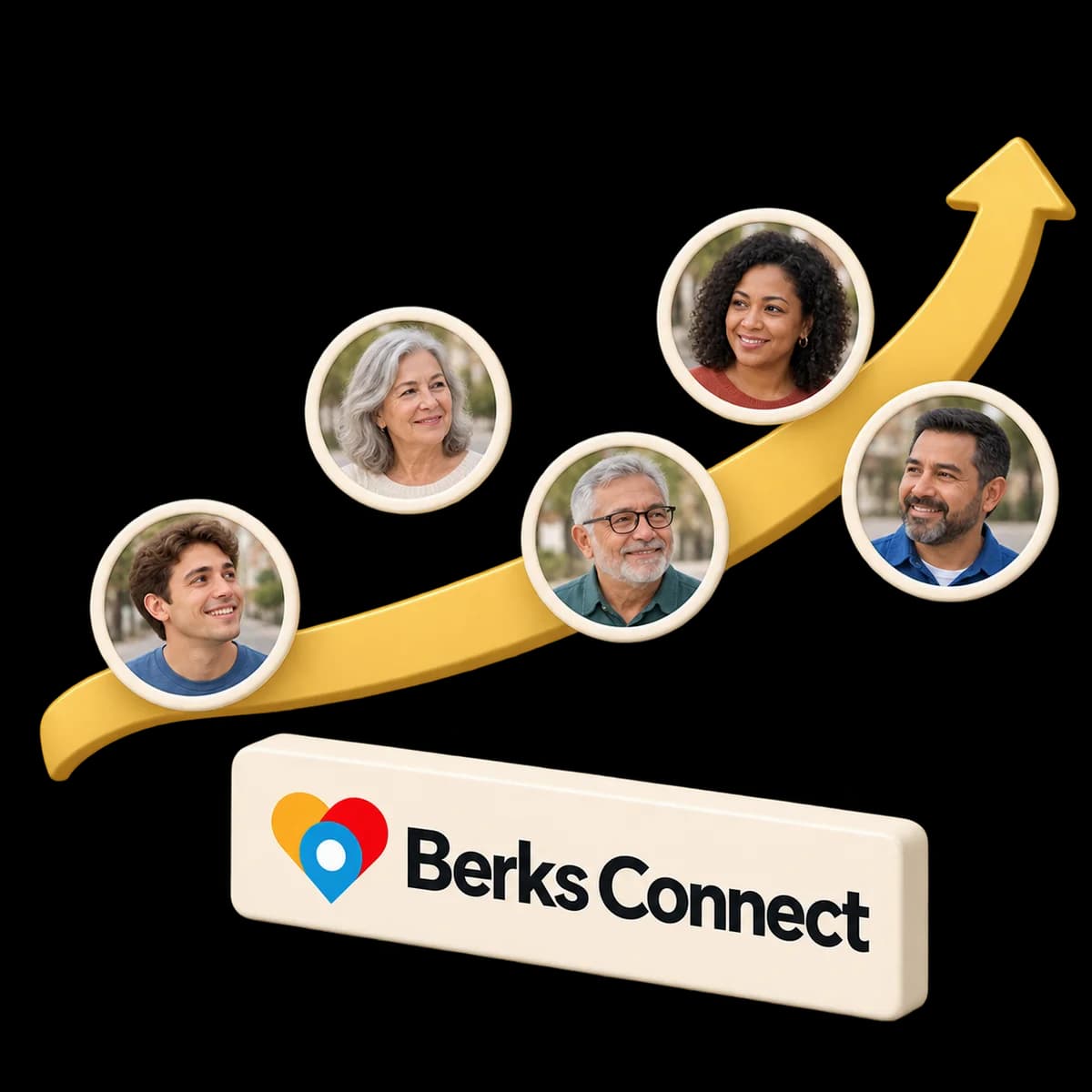 Five Berks County readers, photographed, along a rising arrow above the BerksConnect name