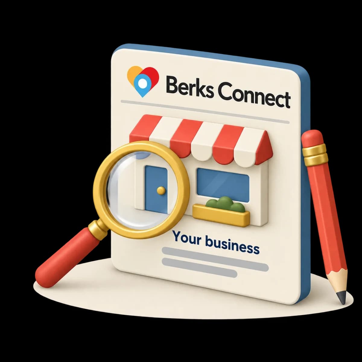 A BerksConnect listing card with a storefront, a magnifying glass over it and a pencil beside it