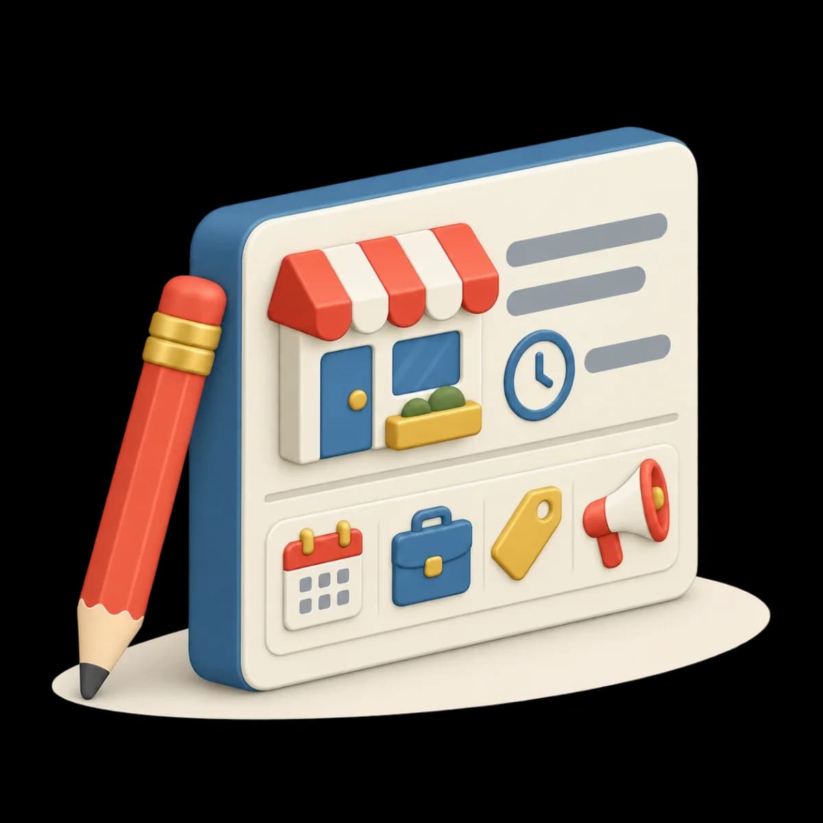 A business page card with a storefront, hours, and tiles for events, jobs, deals and announcements, with a pencil leaning on it