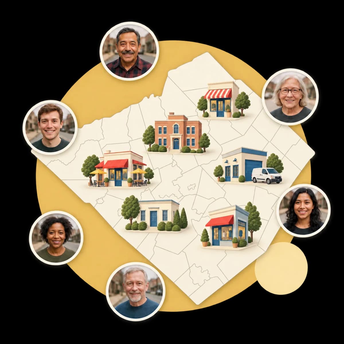 Berks County with shops, restaurants and offices across the map, and the faces of local people around it