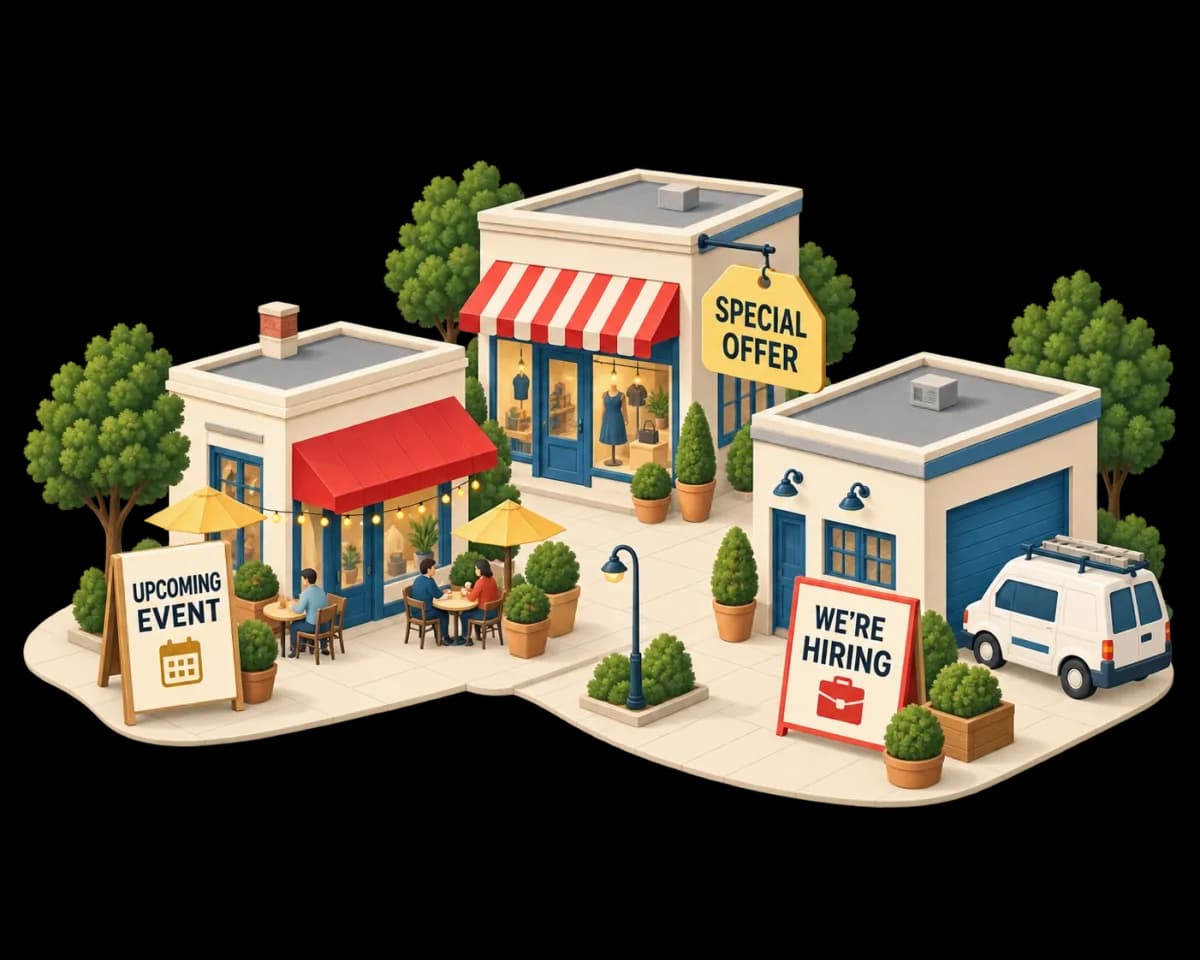 Three storefronts with an upcoming event board, a special offer tag and a hiring sign