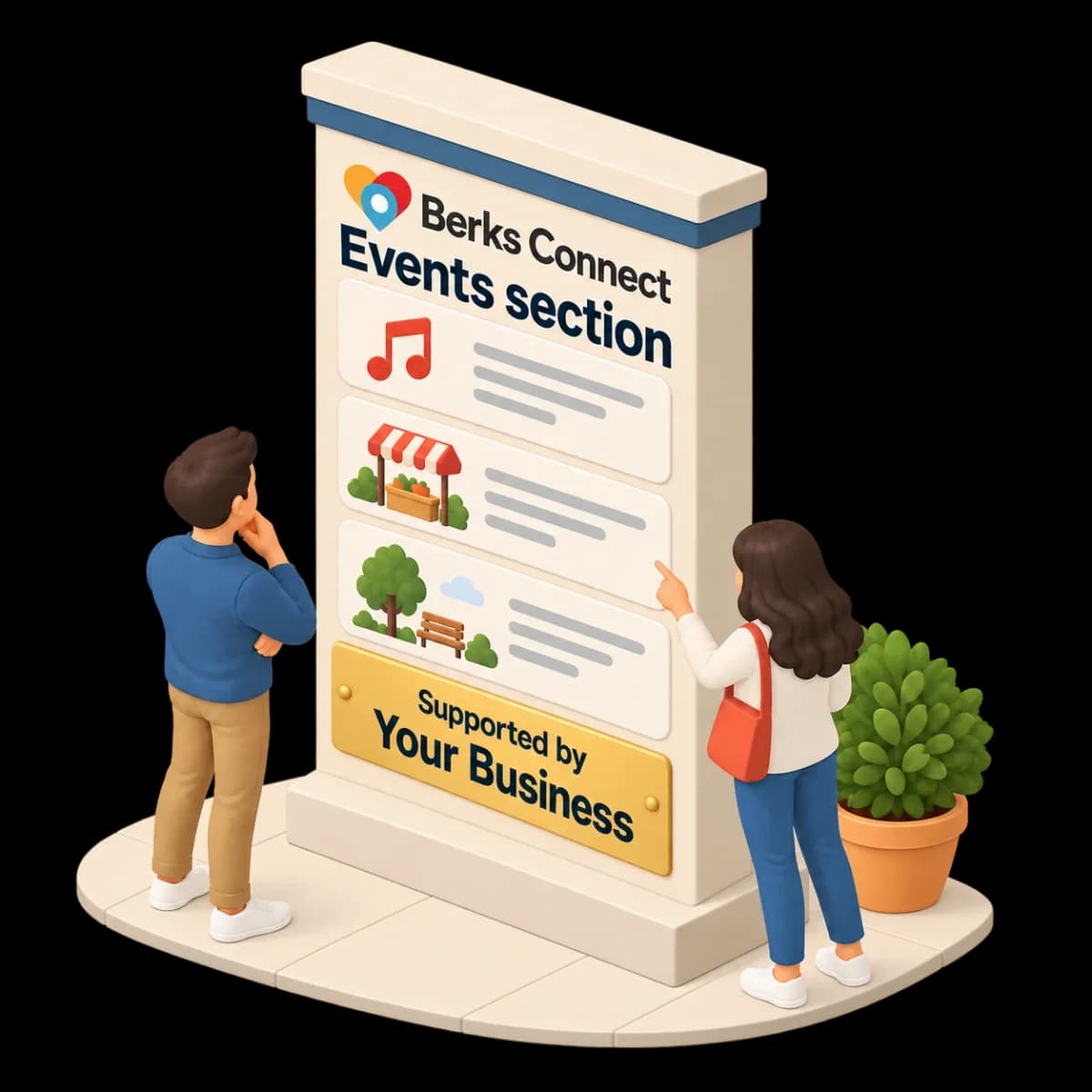 Two people reading a BerksConnect Events section board with a plate that says Supported by Your Business