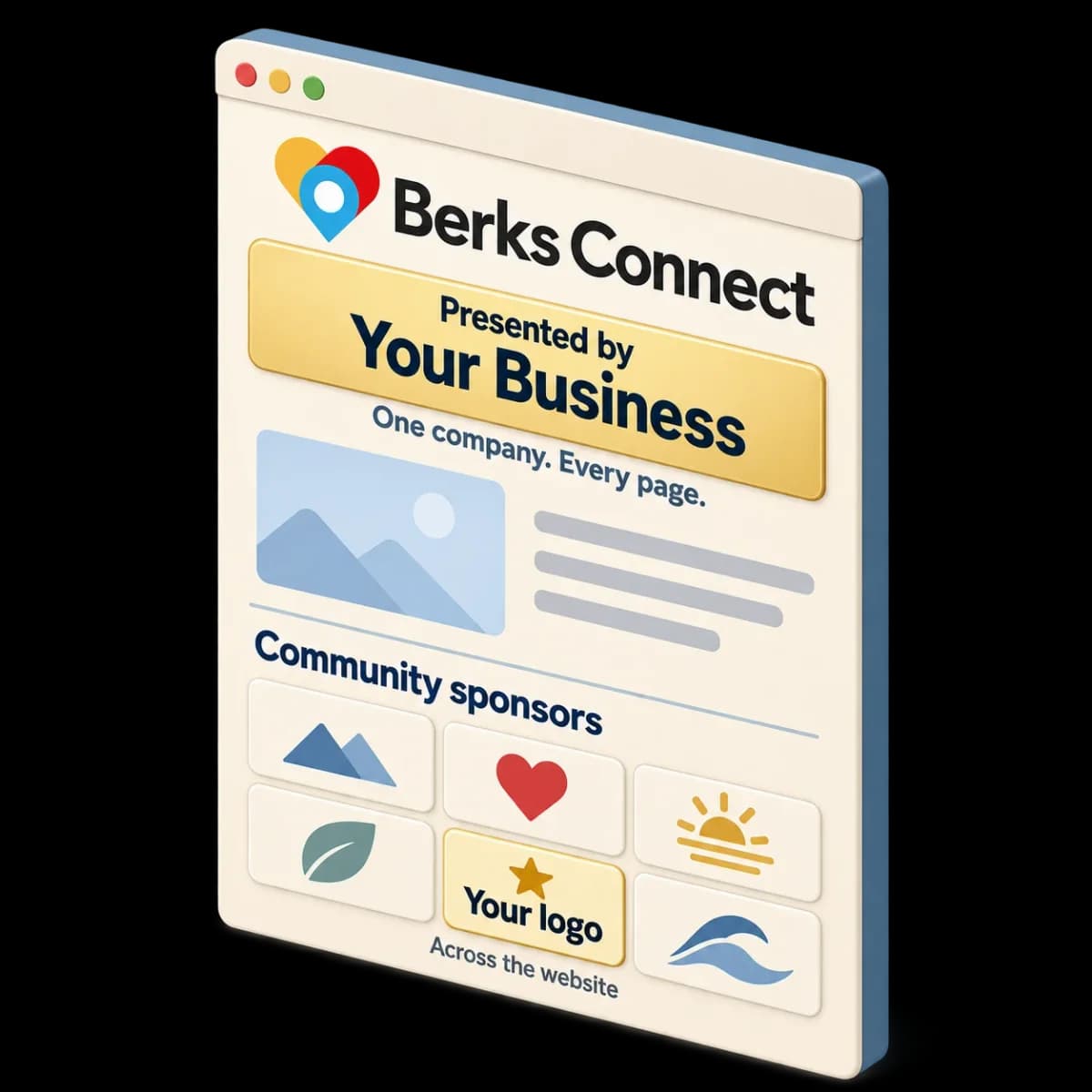 A BerksConnect page with Presented by Your Business under the logo and a row of community sponsor logos